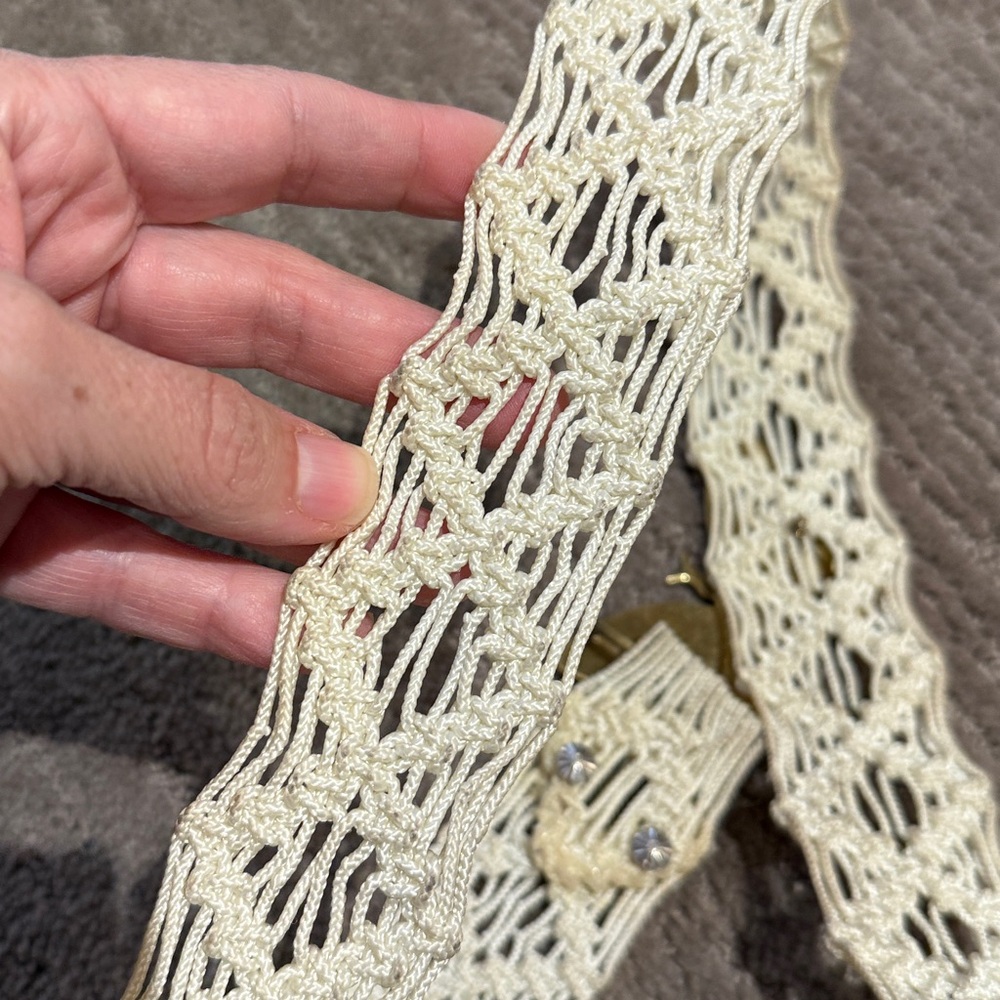 Vintage Cream Macrame Belt with Brass and Abalone Shell Butterfly Buckle - Picture 4 of 7
